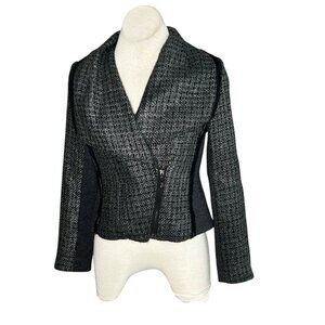 Cache Blazer Navy Blue Tweed Asymmetrical Zip Oversized Collar Size 6